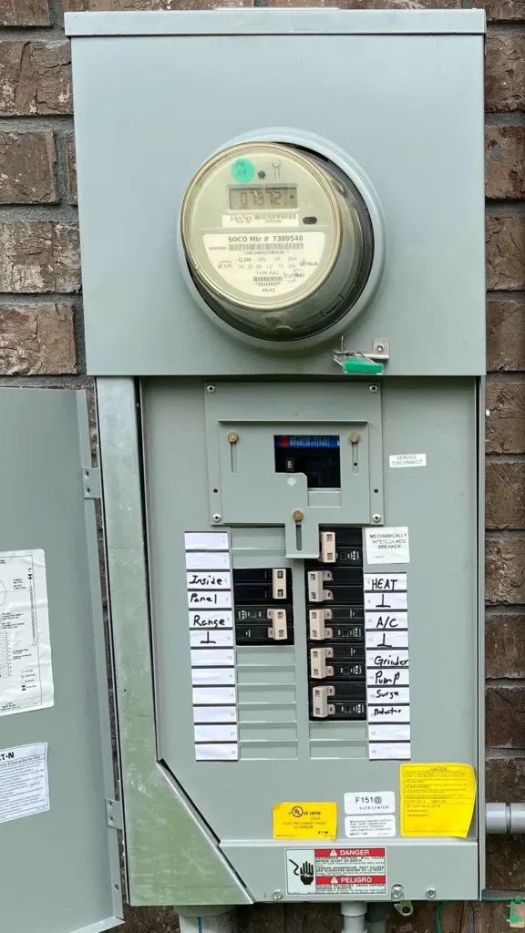 An upgraded main electrical panel with a mechanical interlock for a portable generator connection.