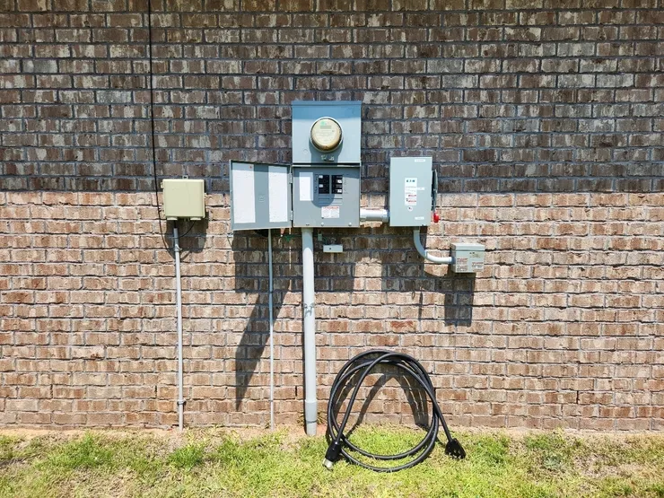 A main electrical panel with a manual transfer switch, inlet, and cord for a portable generator.