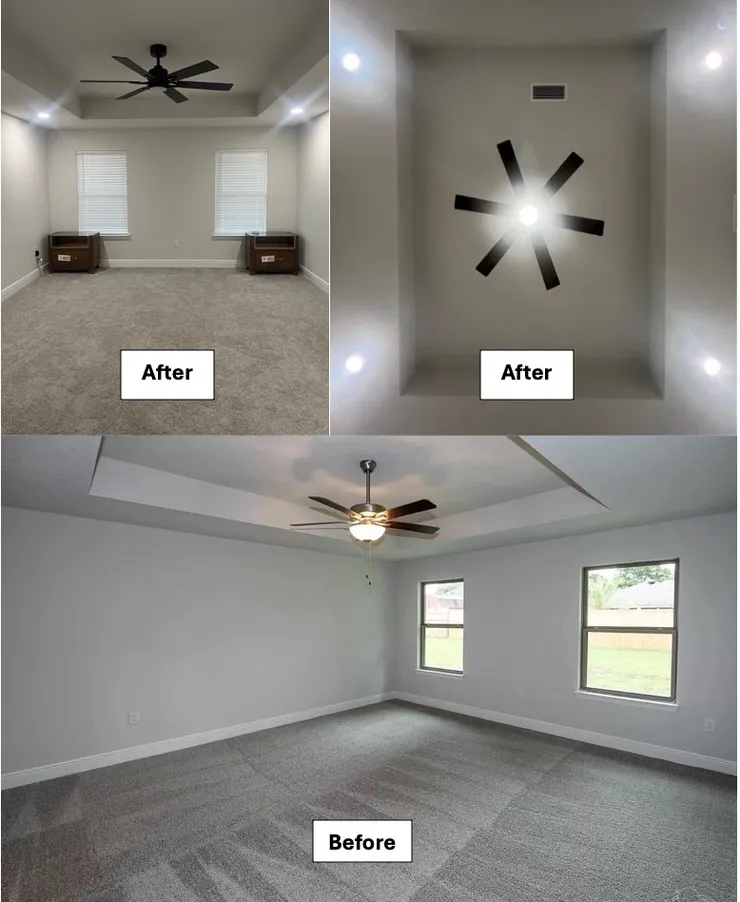Before and after photo collage of a master bedroom showing the ceiling fan before and the ceiling fan and recessed lighting after.