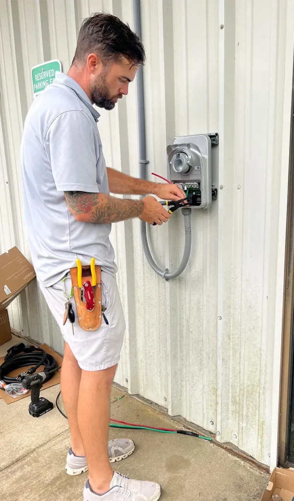 An electrician terminating wires into an EV charger unit mounted to an exterior wall at a business.