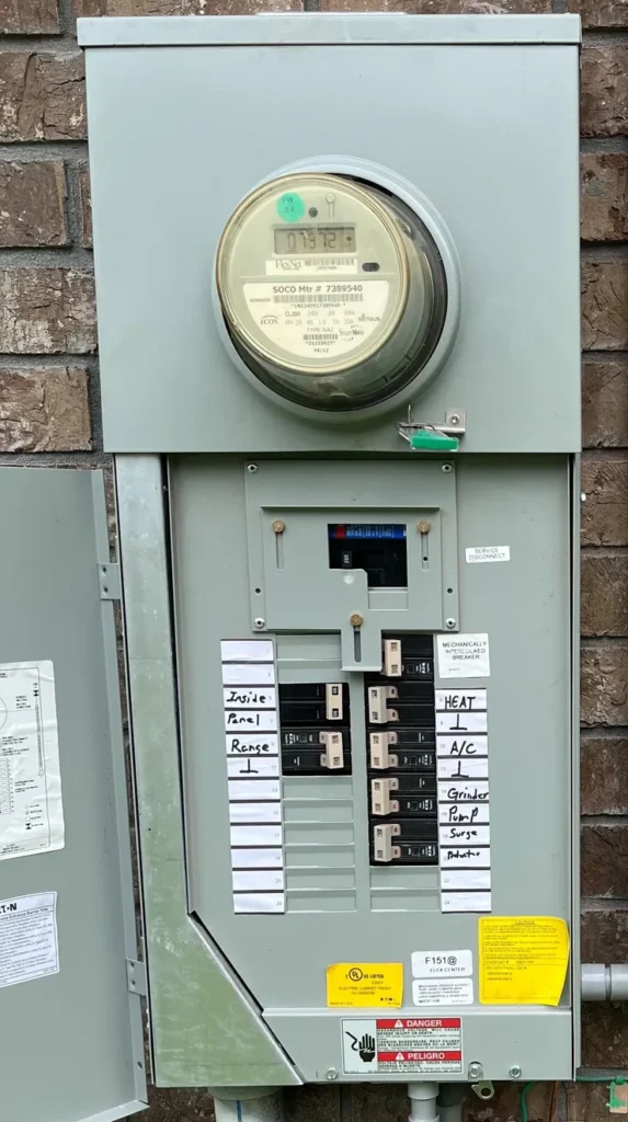 An upgraded main electrical panel with mechanical interlock for use with a portable generator.