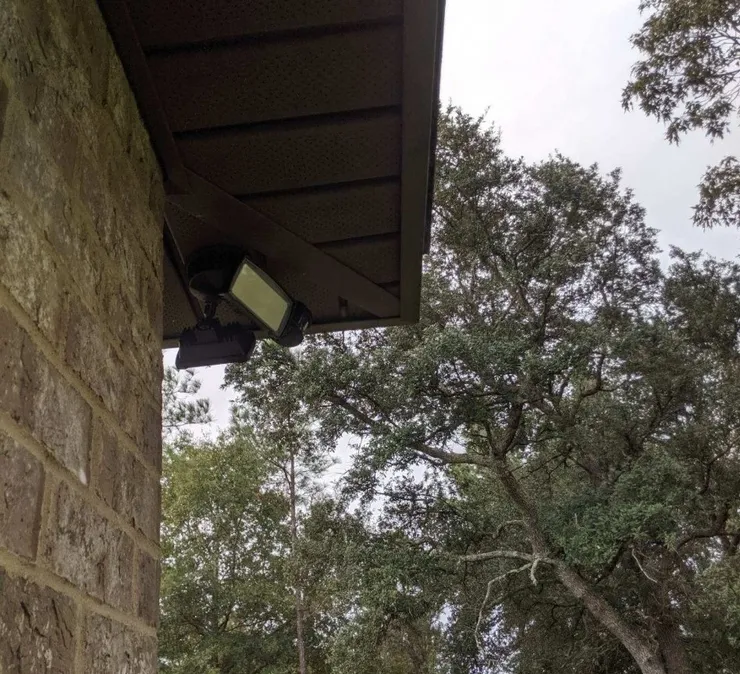 A flood light installed in the soffit.