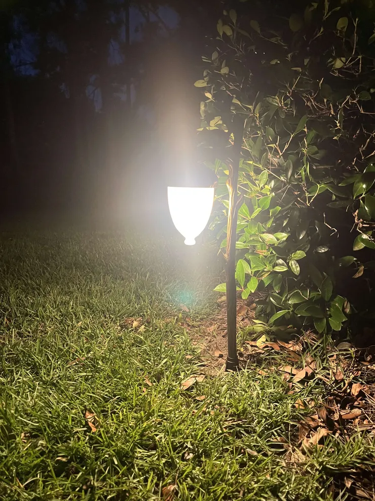 A night time photo of a landscape pathway light shaped like a tree branch and acorn.
