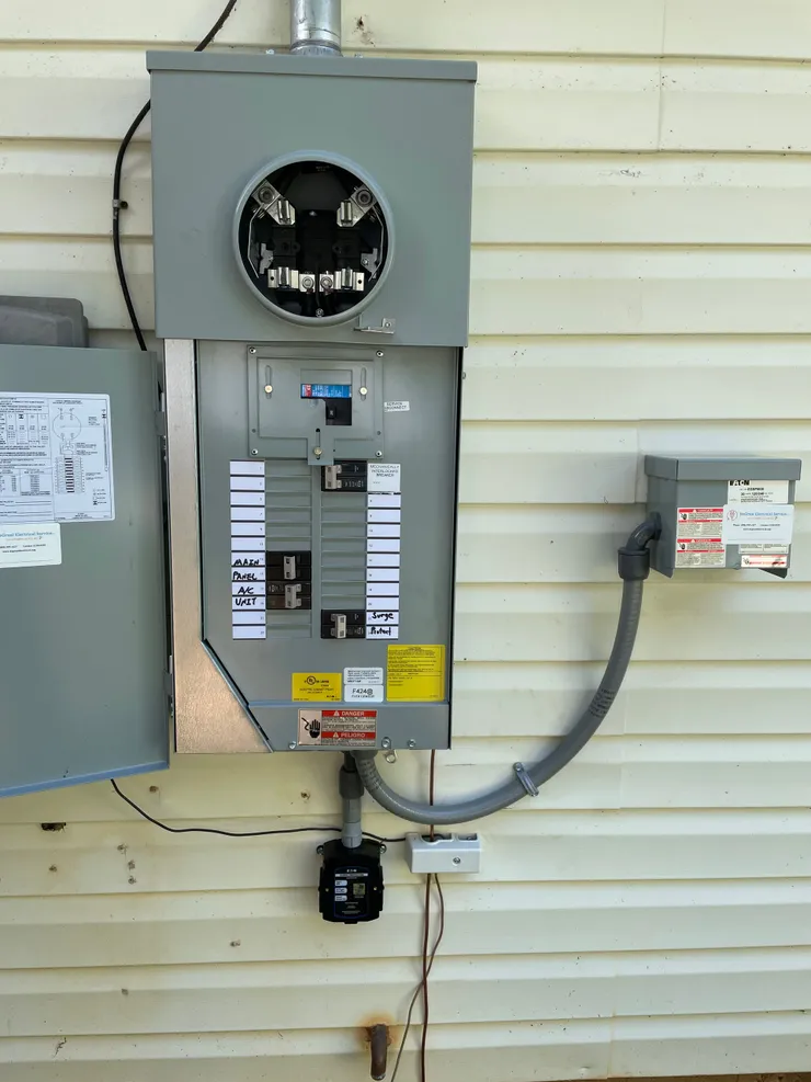 A main electrical panel upgrade with surge protector and inlet for portable generator connection.