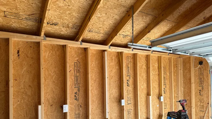 Electrical wiring and receptacles installed in a wood framed garage.