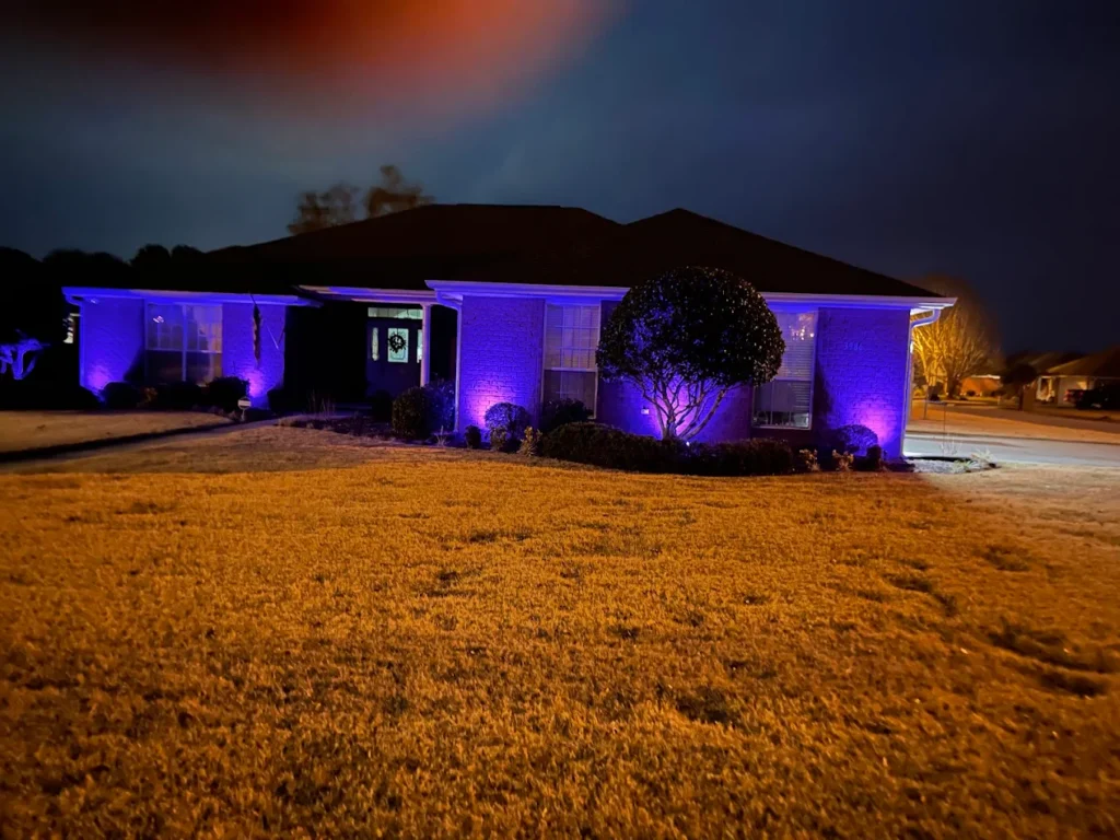 Colored RGB landscape lighting purple blue colored lighting up a residential home at night.