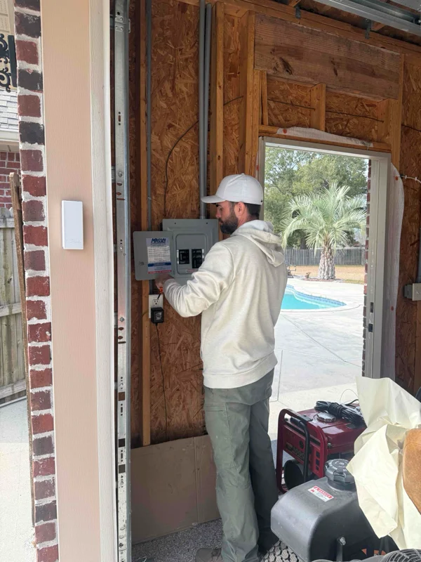 Electrician working in a sub-panel in a separate garage.