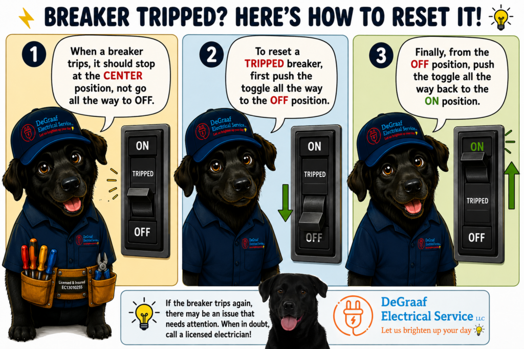 Graphic explaining how to safely reset a tripped breaker with the company dog as a cartoon mascot.